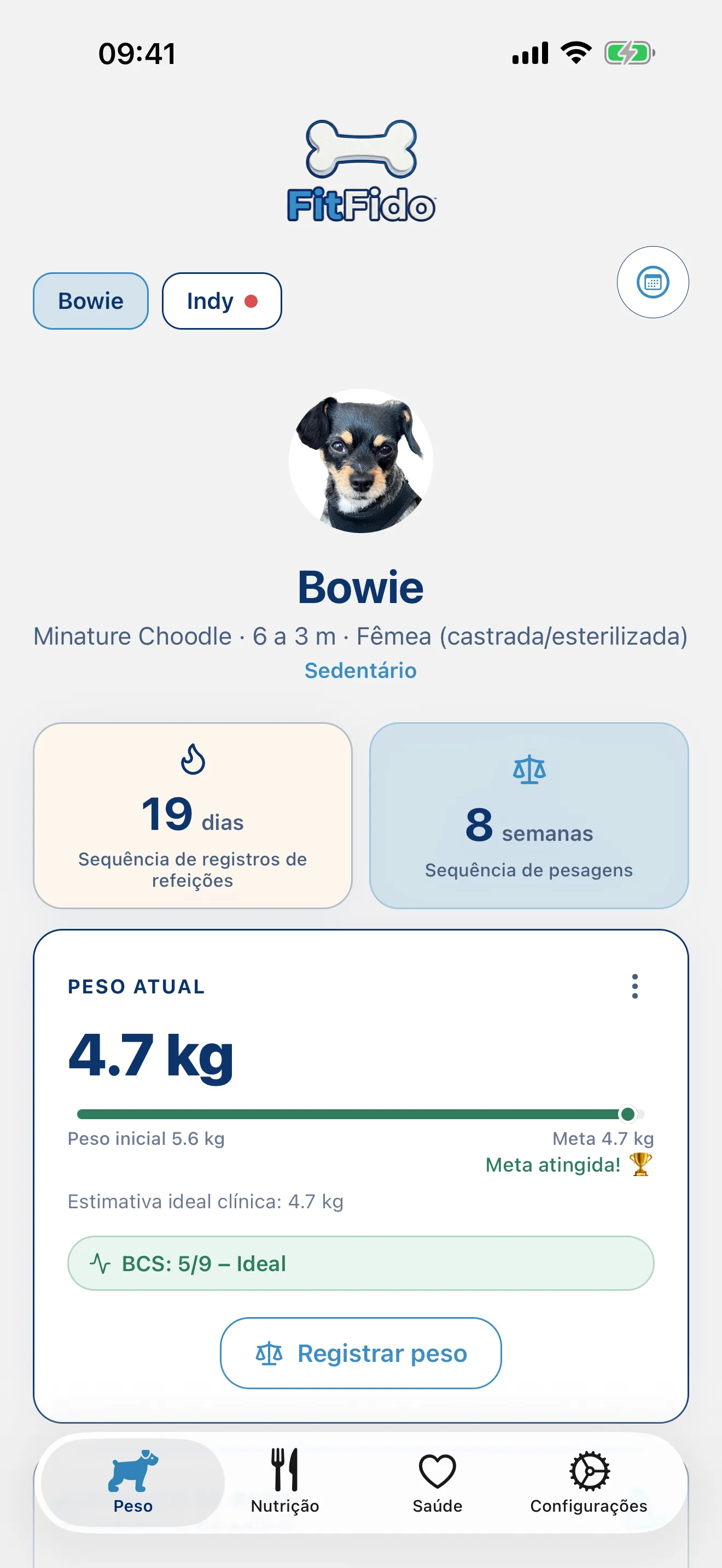 Separador de Peso do FitFido num iPhone, mostrando o acompanhamento do peso em direção à meta.