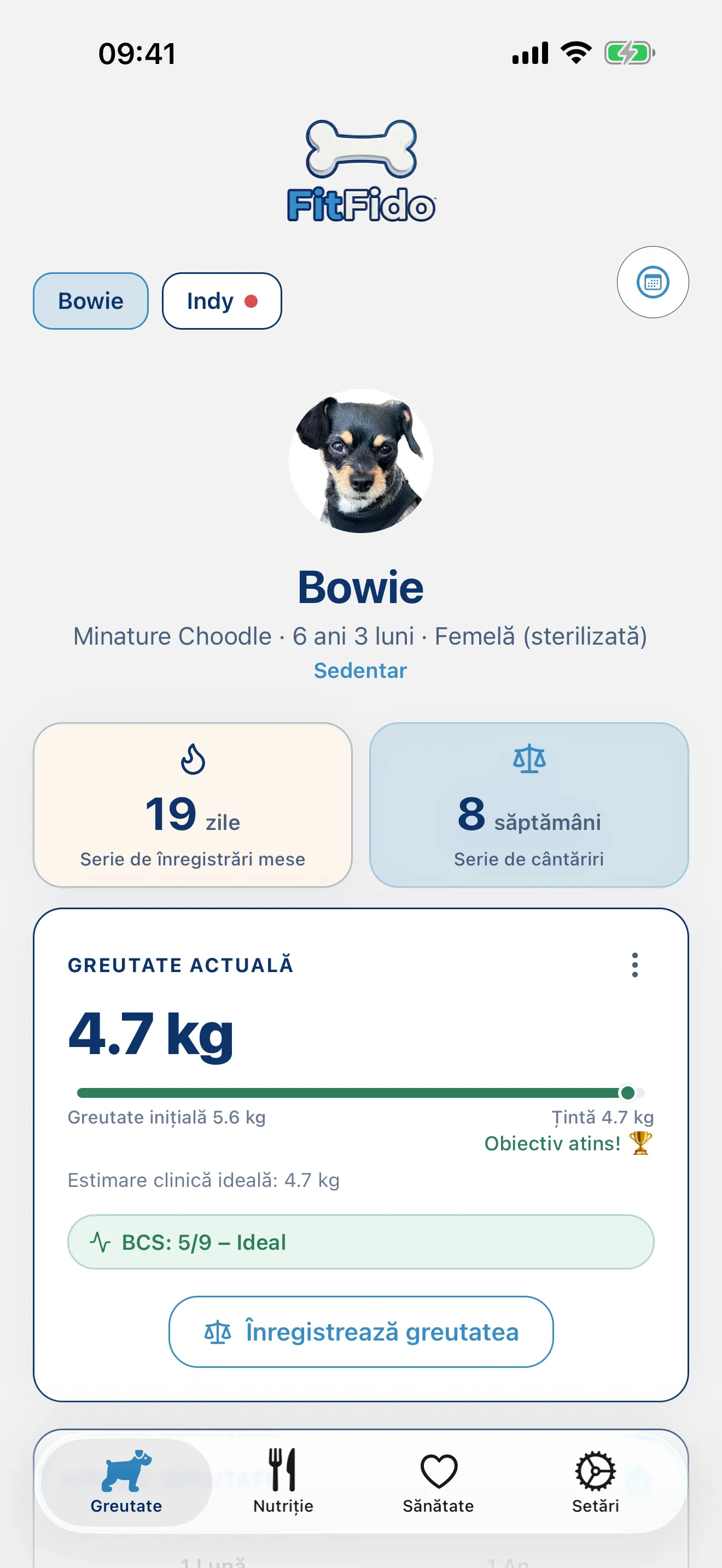 Tab-ul FitFido Weight pe un iPhone, arătând monitorizarea greutății către țintă.