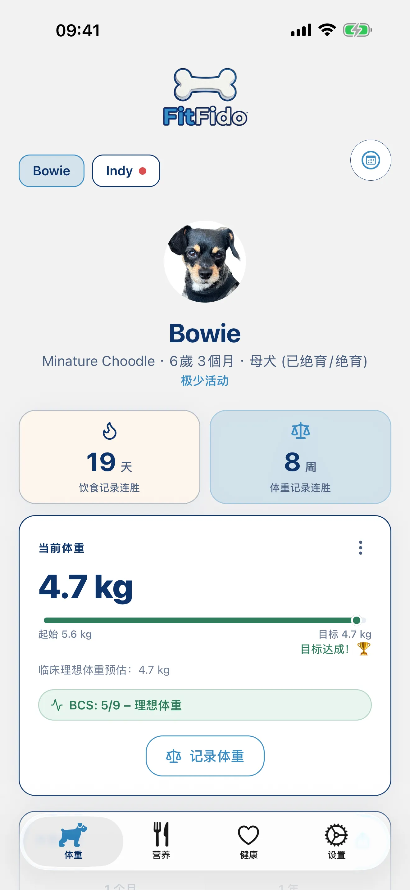 iPhone 上的 FitFido 體重頁籤，顯示朝目標邁進的體重追蹤數據。