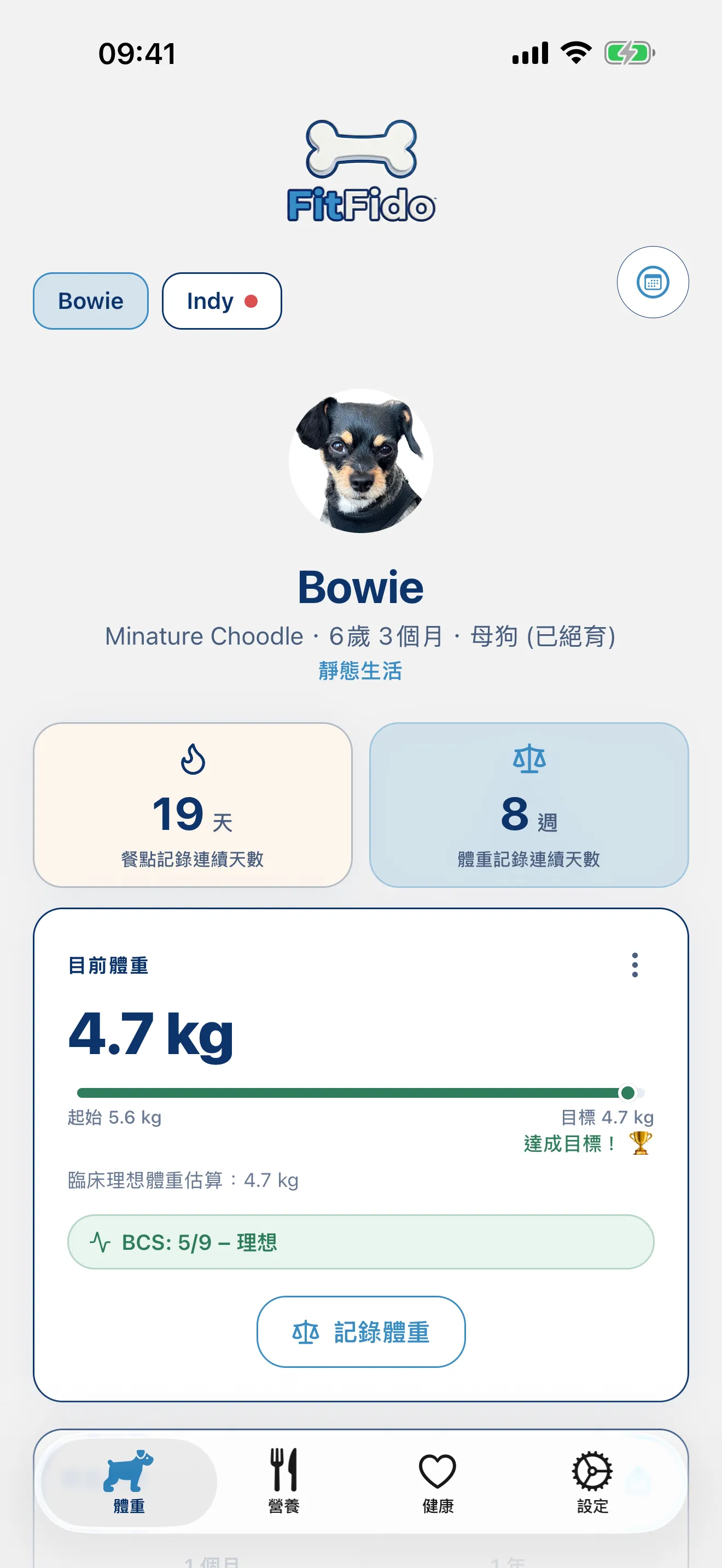 iPhone 上的 FitFido 體重頁籤，顯示朝目標邁進的體重追蹤數據。